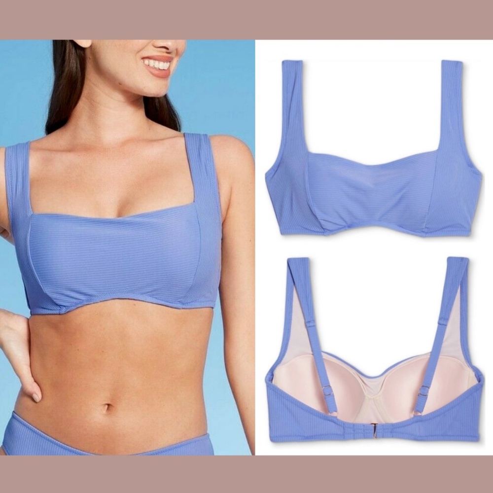 NWT Shade & Shore Square Neck‎ Underwire Ribbed Bikini Top [ 34DD ] Blue